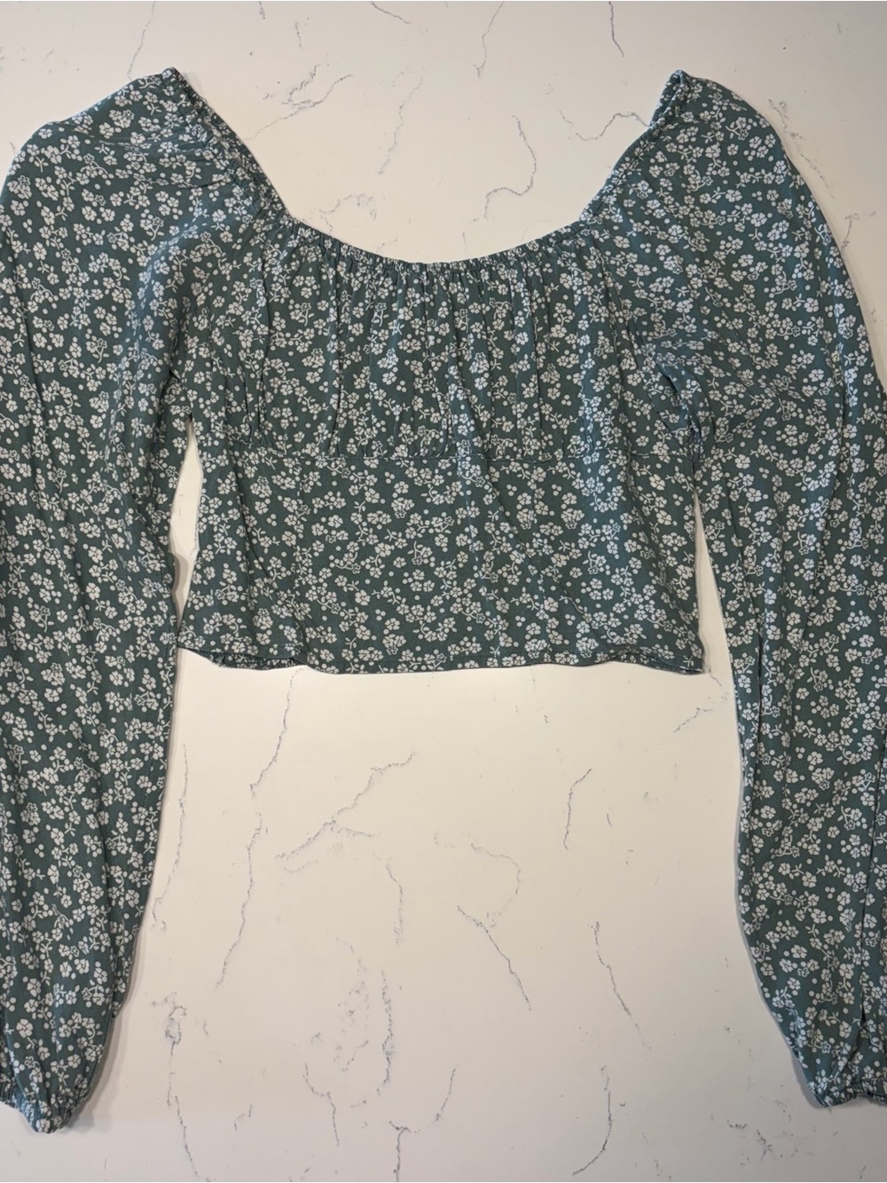 Hollister Green Floral Long Sleeve Square Neck Crop Top